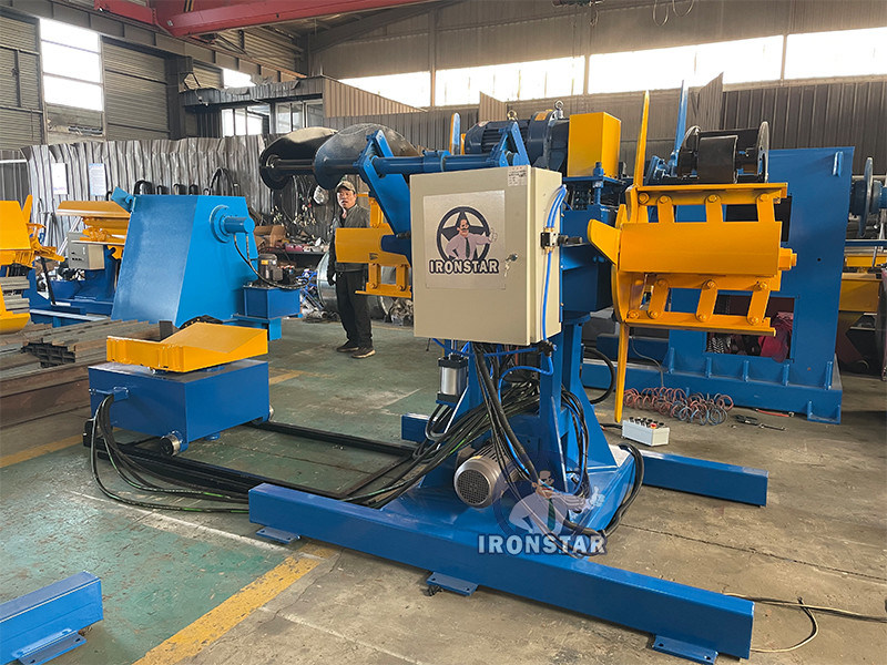 “Automatic 5 Ton 500mm Double Head Hydraulic Decoiler With Coil Loading Vehicle For Steel Coil Feeding Double Head Hydraulic Uncoiler 5T Capacity 500mm Width Decoiler Equipped With Loading Trolley”